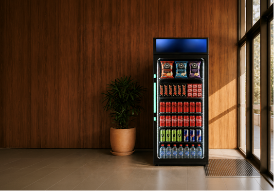 SandStar VRK Pro smart cooler stocked with drinks and snacks in a timber-lined commercial foyer